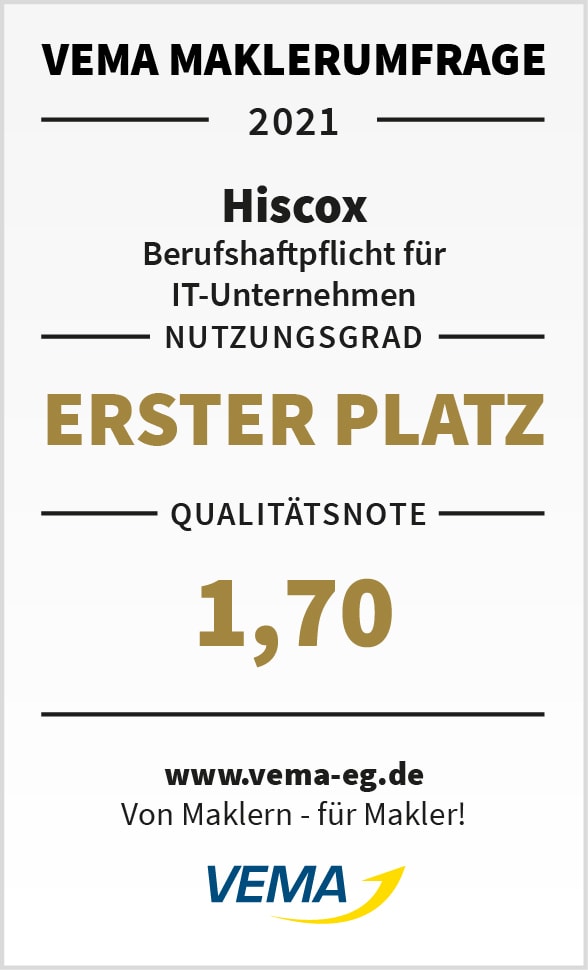 Zertifikat oder Auszeichnung der VEMA Maklerumfrage 2021: Hiscox erhält den Ersten Platz für Berufshaftpflicht für IT-Unternehmen mit einem Nutzungsgrad und einer Qualitätsnote von 1,70.